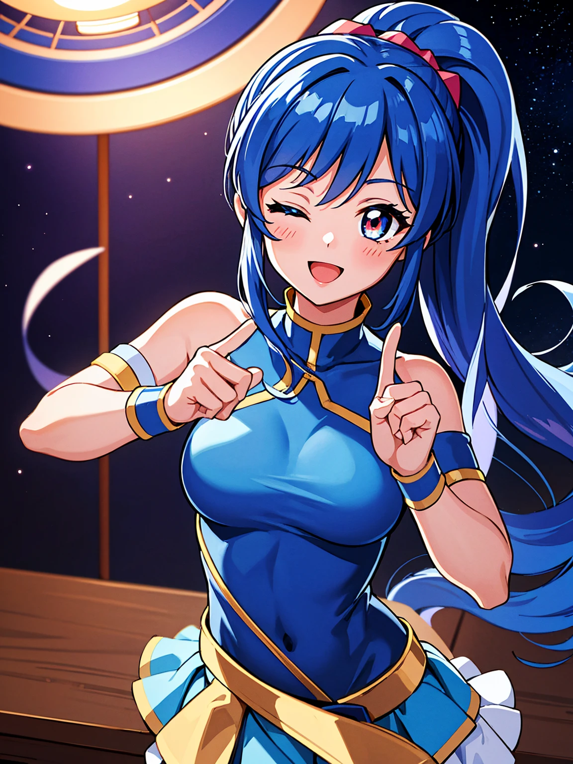 aikatsu,（Overhead view),dynamic angle,ultra-detailed, illustration, close-up, straight on, 1girl, ((blue souryuu asuka langley, interface headset, blue bodysuit:1.4, blue)),Her eyes shone like dreamy stars,(glowing eyes:1.233),(beautiful and detailed eyes:1.1),(expressionless),(standing), (masterpiece, best quality, ultra high res, perfect anatomy, extremely detailed), BREAK, 1girl, , red eyes, side_Ponytail, blue hair, very large ribbon in hair, idol costume, BREAK, (finger pointing), (full face), one eye closed, (open mouth), glow eyes, smile, stage light, (mechanic room with toolsand spaceship windowin a white SPACESHIP), (night:1.2),dreamy, [[delicate fingers and hands:0.55]::0.85],(detail fingers),