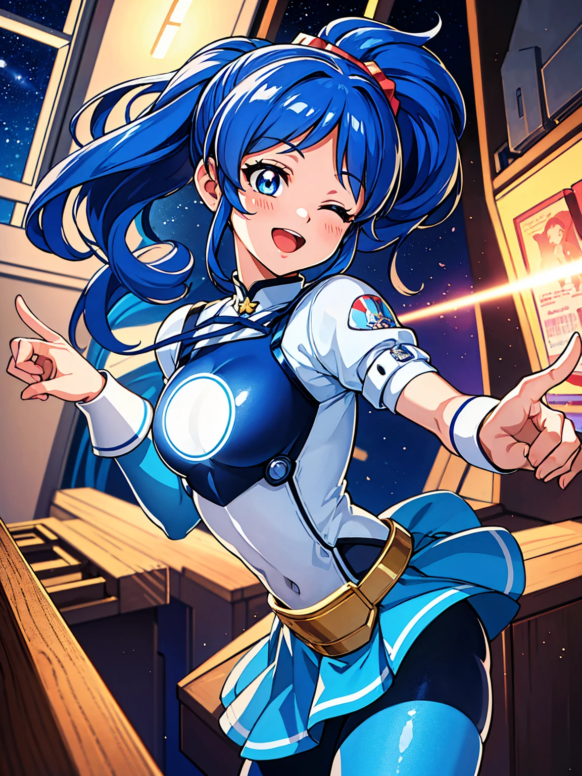 aikatsu,（Overhead view),dynamic angle,ultra-detailed, illustration, close-up, straight on, 1girl, ((blue souryuu asuka langley, interface headset, blue bodysuit:1.4, blue)),Her eyes shone like dreamy stars,(glowing eyes:1.233),(beautiful and detailed eyes:1.1),(expressionless),(standing), (masterpiece, best quality, ultra high res, perfect anatomy, extremely detailed), BREAK, 1girl, ************, red eyes, side_Ponytail, blue hair, very large ribbon in hair, idol costume, BREAK, (finger pointing), (full face), one eye closed, (open mouth), glow eyes, smile, stage light, (mechanic room with toolsand spaceship windowin a white SPACESHIP), (night:1.2),dreamy, [[delicate fingers and hands:0.55]::0.85],(detail fingers),