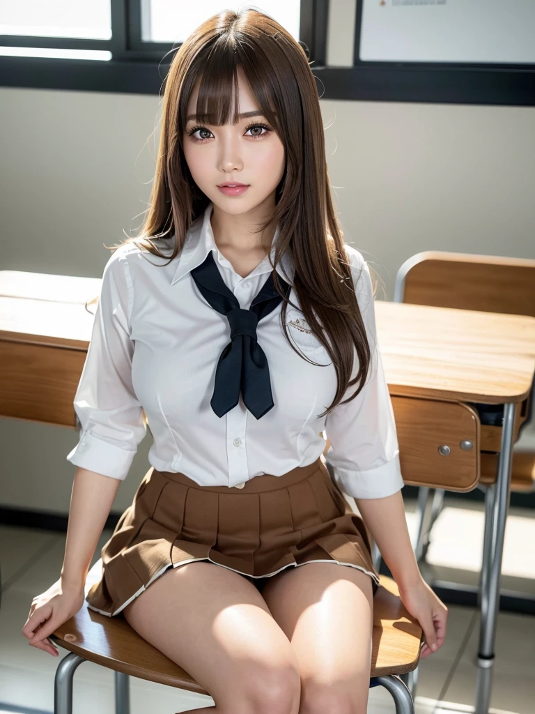 8k,best quality, masterpiece, ultra detailed, ultra high res, photorealistic, raw photo, absurdres, absolutely resolution, 1girl, full body, looking at viewer,a Japanese young pretty woman, hyper cute face, glamorous figure, large breasts,long bob hair,smile,(school uniform:1.3),beautiful eyes, ,windy, (I'm sitting in a chair in a classroom:1.3),glossy lips, double eyelids in both eyes, natural makeup, long eyelashes, shiny smooth light brown long bob hair, asymmetrical bangs, shiny skin, central image, high resolution, high detailing, detailed hairstyle, detailed face, spectacular movie lighting, octane rendering, vibrant, hyper realistic, perfect limbs, perfect anatomy