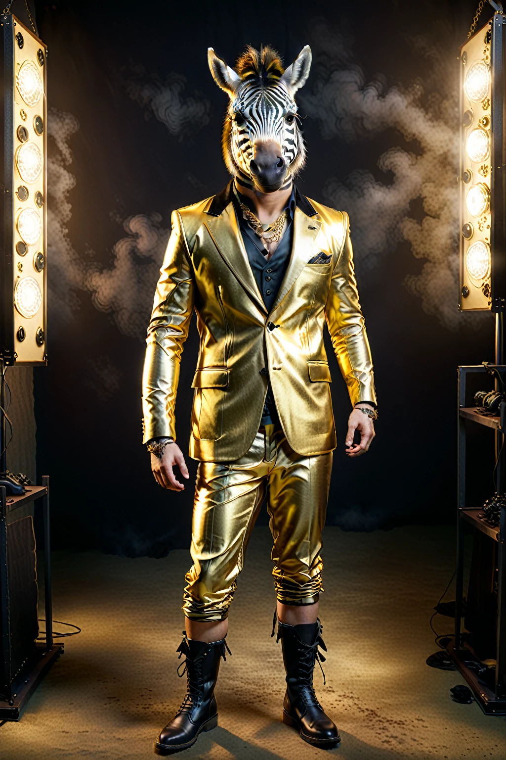 

So you can edit it later、An anthropomorphized zebra wearing a gold suit and sunglasses with a space above his head。金色スーツのセットアップにサングラス
金色のスーツにサングラスのファッションでド派手な装飾した独特のポーズをする

The background is darkに怪しげな金色の煙、A mysterious golden light shines through it. The character is also illuminated and clearly visible. Create an image with this composition according to the following rules.。
 High resolution textures、Texture、Realなディテール、
The background is dark、Mysterious and、There is a good atmosphere、Dramatic lighting and high contrast images、Extremely high resolution to create photo-realistic card game patterns。
The design will be surrounded by a border、80 from the center of the space so that the character is not hidden%Please。
Use indirect lighting and textured backgroundake the central character stand out。
Full body portrait、Dynamic pose。
 にかくテクスチャがRealで細かいファッションの服。
Fashionable sneakers、boots、Sandals、hat、Smoke Accessories Necklace、Earrings、ring、bandana car、bike、Tattoos etc.、Choose according to your outfit and mood。
Real、8K




(masterpiece、Highest quality、high detail、超Real:1.2)、 
Anthropomorphic animals、Full body portrait

(Photorealistic:1.4), Cinematic lighting, 8K  UHD、 
Professional Photography、

(詳細な毛皮のTexture:1.3), Expressive eyes、 
Designer clothing、Luxury Brands、 
(Perfect tailoring:1.2), High Fashion Accessor
Moody atmosphere、Dramatic Shadows、 
High contrast lighting、Depth of written boundary、
Film Grain、Color Grading、

(Color Palette：1.3）、（Calm earth colors：1.2）、 
(Rich Brown：1.1）、（Deep Gray：1.ubtle gold accents：1.0）、
(warm color：1.1）、（Color harmony：1.2）、

(Soft diffused lighting：1.2）、（Rim lighting：1.1）、
(Volumetric Lighting:1.0), (Ambient Occlusion:1.1)