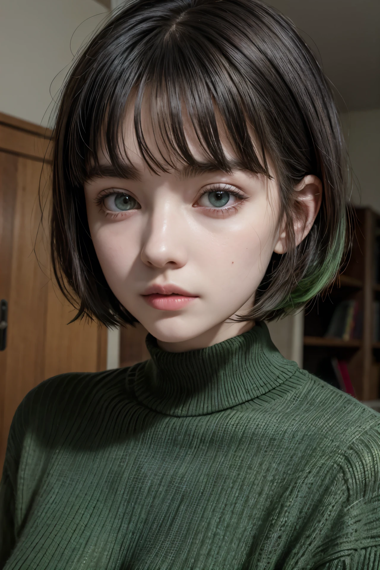 pale girl, short black hair, fringe. scared. Pale green wool sweater.