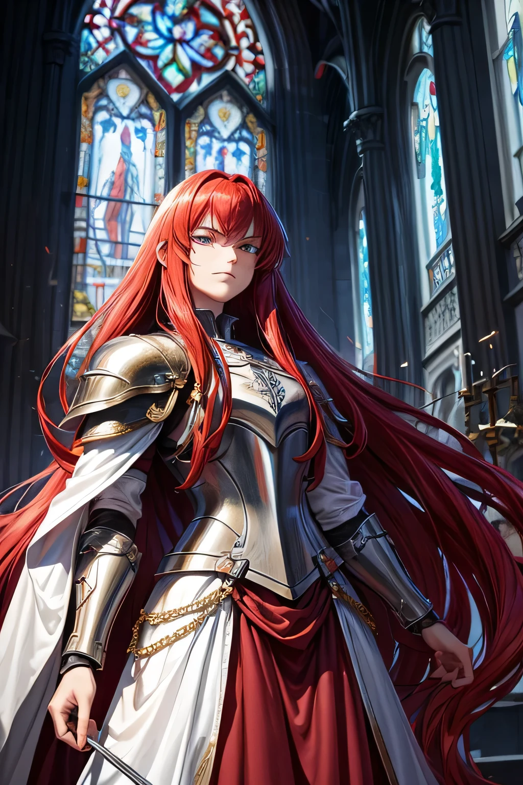 Tall man, long hair, Red-Haired, age 28, Silver armor, ruby adorned armor, paladin, Lumiere, red sword, big shield, red shield, serious face, church, natta, stele, Lumiere da lua, Longsword.