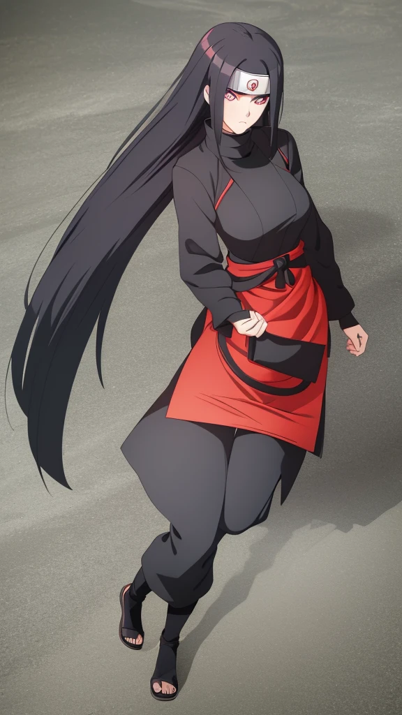 Girl, Long black hair, Sharingan eyes, black turtleneck, Black pants, Naruto-style ninja outfit.