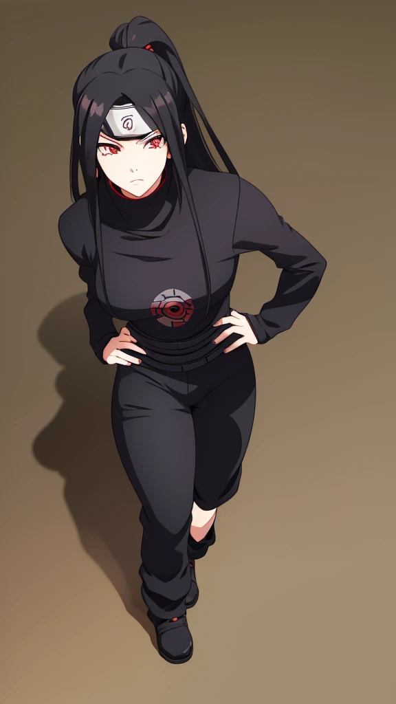 Girl, Long black hair, Sharingan eyes, black turtleneck, Black pants, Naruto-style ninja outfit.