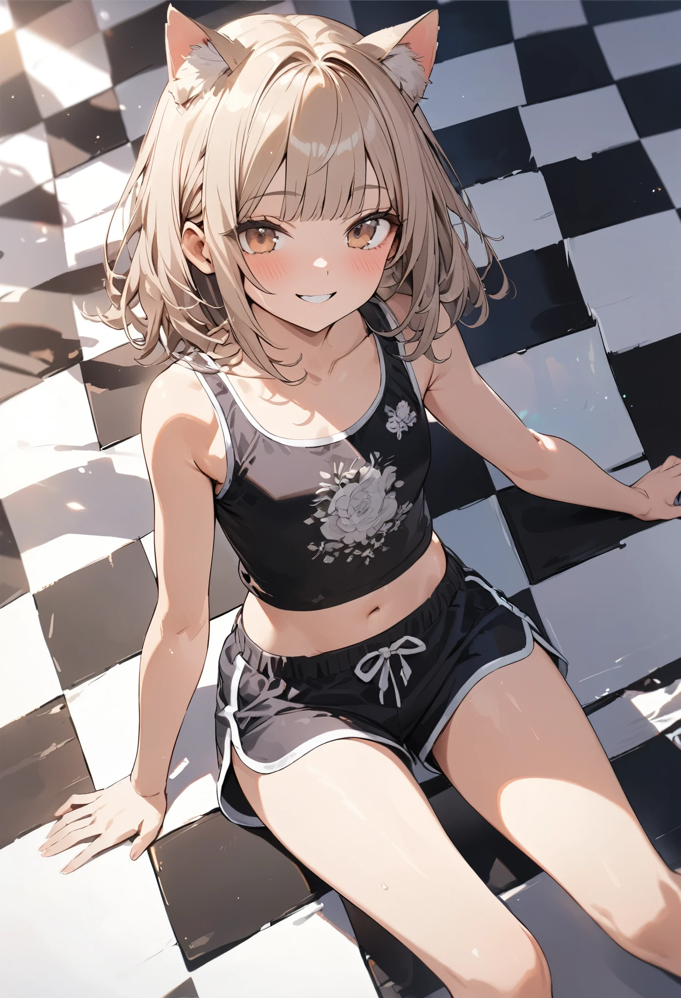 ((Masterpiece)), ((best quality)), (ultra-detailed), ((kawaii)), ((extremely detailed)), 4K, (8K), (super detail:1.2),(High Definition:1.3), (Professional Photography:1.2), from above, (wide shot), cinematic lighting, (sharp focus), (perfect light), ((1girl)), (()), put on cat ears, cute young girl, ((Embroidered cute tanktop)), cute dolphin shorts, (naughty smile), (Beautiful brown eyes), (small chest), (bare arms), cute navel, Healthy skin, (Healthy slim body), ((pale brown hair)), (loose blunt bangs), silky and straight hair, (medium hair), BREAK, ((best quality)), ((extremely detailed)), ((lie on your back)), (Checkerboard check Pattern Background:1.3), Checkerboard check floor,