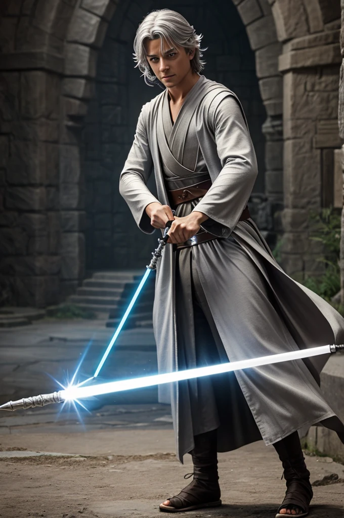 Create a young silver-haired Jedi with a spear-like saber with a white crystal