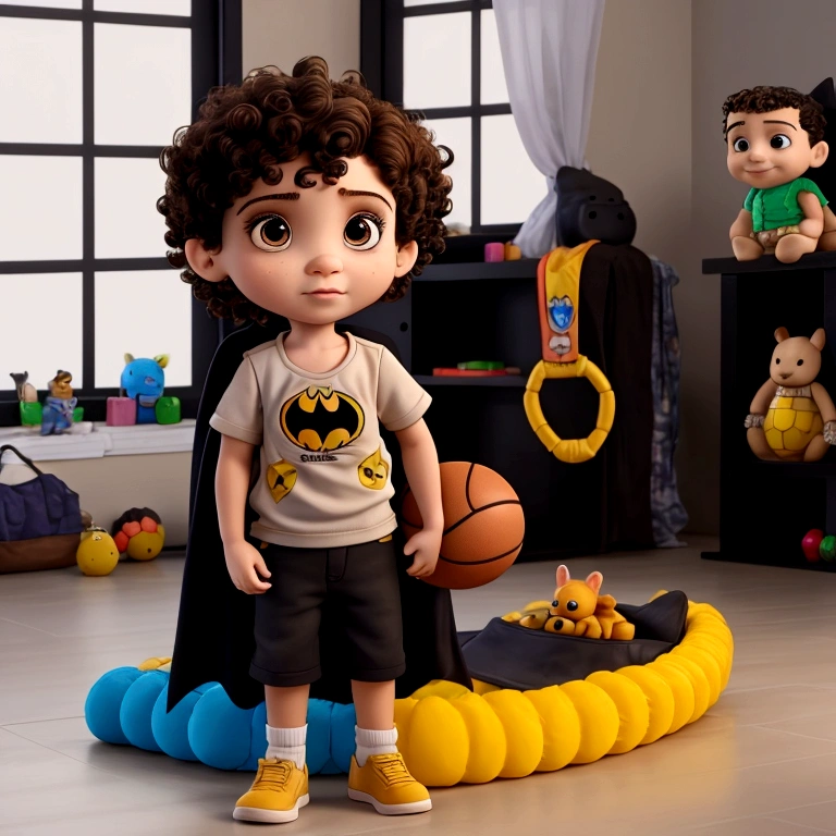 Treatment, Short curly hair, Light brown bun hair, cute pic, lots of toys in the background, solo boy with basketball, boy wearing batman shirt