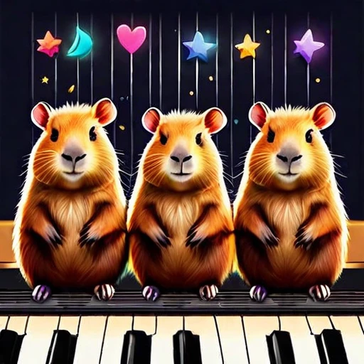 star space below huddled cute capybaras cutecapybara with piano and musical notes