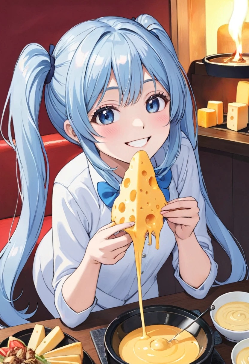 Light blue long hair、Beautiful girl with twin tails、Enjoying a cheese fondue tower、Bright smile