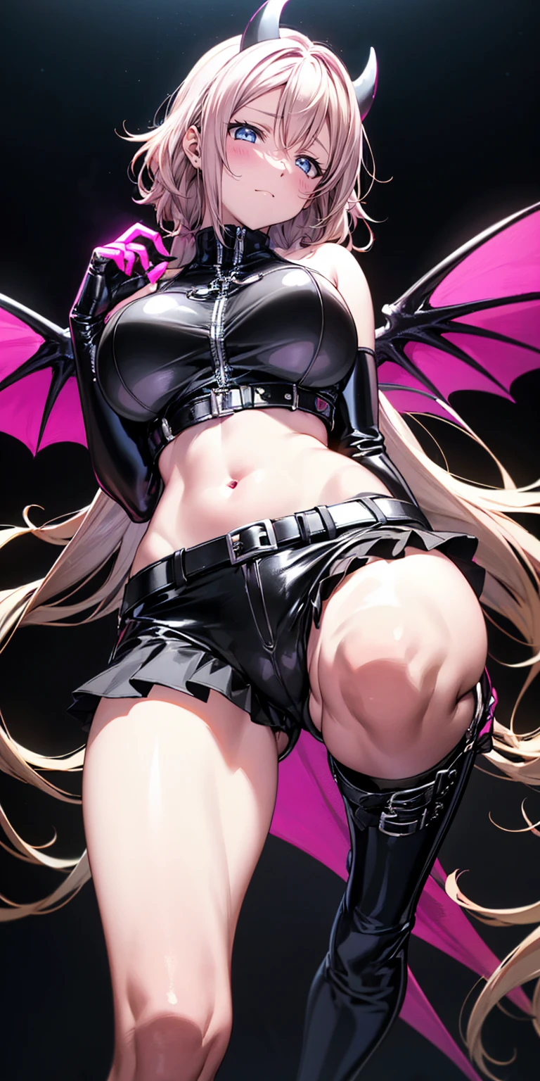 ((Highest quality,8K,T-And Star Piece:1.3)),Sharp focus:1.2,Pretty woman with perfect figure:1.4,,(Incredibly huge breasts:1.4),(Huge hips),smile,Thin abdominal muscles:1.2,((Beige Hair,.4)),,Highly detailed face and skin texture,Fine grain,double eyelid、(Black Theme:1.3), (Gothic Punk:1.3), (studded leather jacket:1.1), (Latex leotard, Leotard Fusion Gothic Skirt, Frills, race:1.2), race-up boots, gloves, chain neckrace, choker, Chain Accessories, zettai ryouiki
、【prompt】
break (black and shocking pink theme:1.4), (Sexy succubus cosplay costume with genital tattoos:1.2), (sleeveless black latex high neck crop top with Heart-shaped cut keyhole:1.4), ((Bare shoulders, Bare arms, Bare thighs):1.3), (Black latex low rise micro shorts:1.3), (shocking pink grommet belt:1.3), (Tight latex black long sleeves:1.3), ((A combination of black high platform shoes and thigh-high boots) with heels:1.2), (shocking pink devil horns has bioluminescence glow LED-light on temporal region:1.3), (Large bat wings for cosplay:1.4), (Black wings:1), (shocking pink (Heart-shaped, Heart symbol) Bioluminescent LED light on belly:1.4), (Black prisoner's bracelet:1.2),