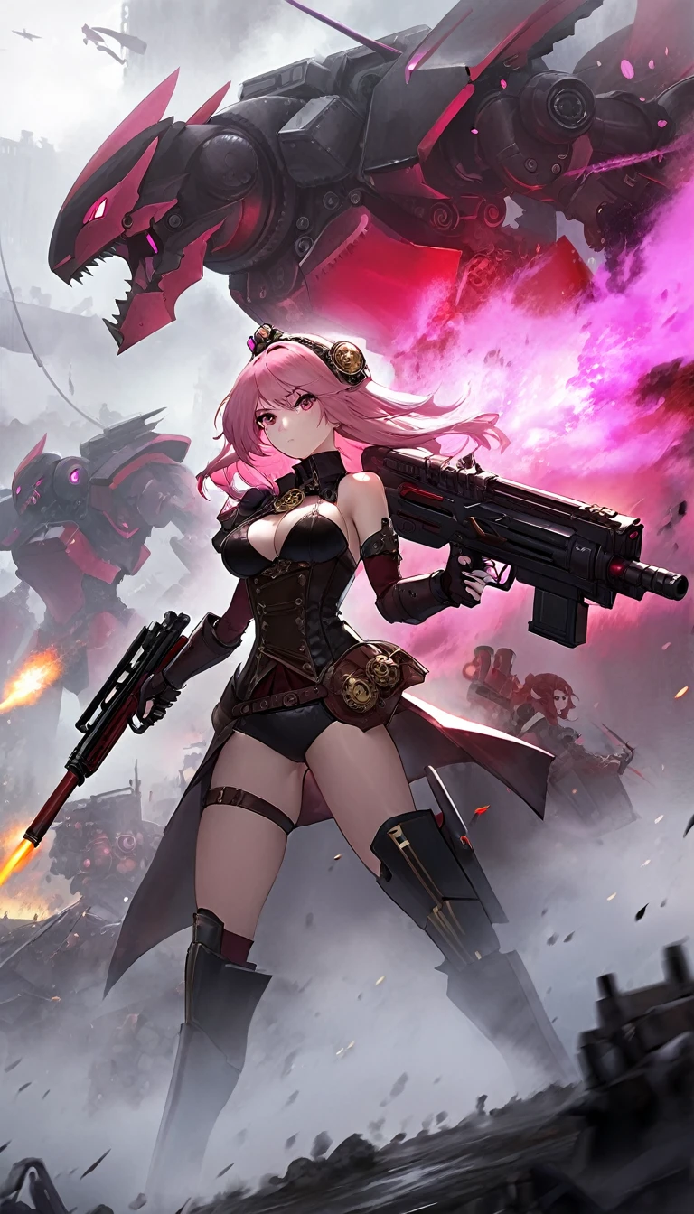 Sexy warrior girl with black steampunk armor, long pink hair, with a big futuristic shotgun, in a battle next to a robotic dragon, fierce battle, dense fog, fire, (simple oil painting in a style to Bill Sienkiewicz)