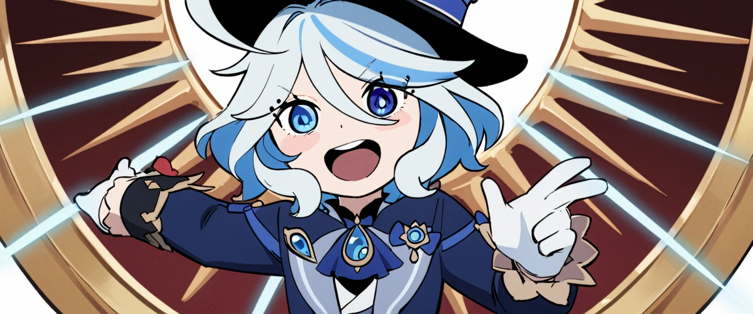 masterpiece,best quality,1girl, furina \(genshin impact\), genshin impact, cowlick, top hat, blue jacket, blue ascot, blue brooch, kodona, simple background, open mouth, blue headwear, streaked hair, upper teeth only, solo, long hair, light blue hair, white background, smile, white hair, ahoge, mismatched gloves, white gloves, long sleeves, hair between eyes, blue gemstone,