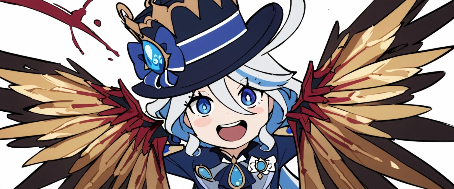 masterpiece,best quality,1girl, furina \(genshin impact\), genshin impact, cowlick, top hat, blue jacket, blue ascot, blue brooch, kodona, simple background, open mouth, blue headwear, streaked hair, upper teeth only, solo, long hair, light blue hair, white background, smile, white hair, ahoge, mismatched gloves, white gloves, long sleeves, hair between eyes, blue gemstone, 