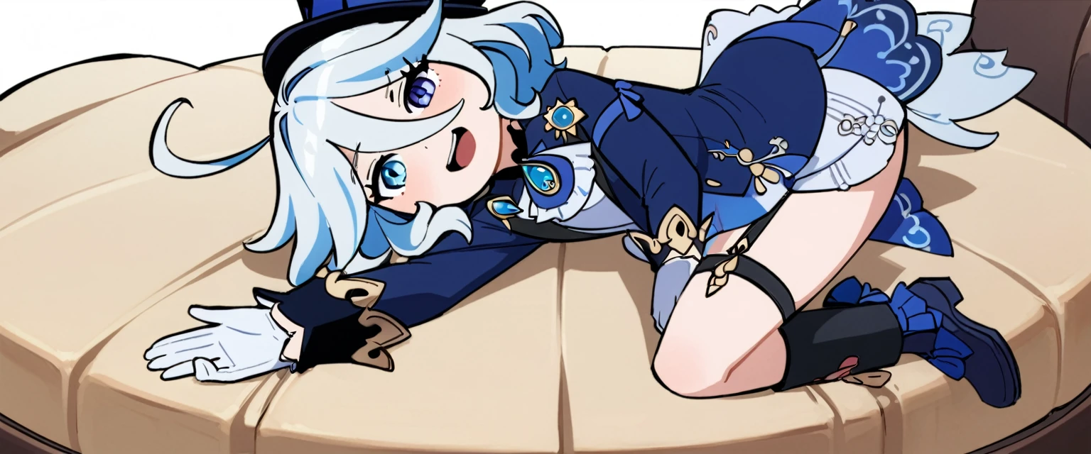 masterpiece,best quality,1girl, furina \(genshin impact\), genshin impact, cowlick, top hat, blue jacket, blue ascot, blue brooch, kodona, simple background, open mouth, blue headwear, streaked hair, upper teeth only, solo, long hair, light blue hair, white background, smile, white hair, ahoge, mismatched gloves, white gloves, long sleeves, hair between eyes, blue gemstone,