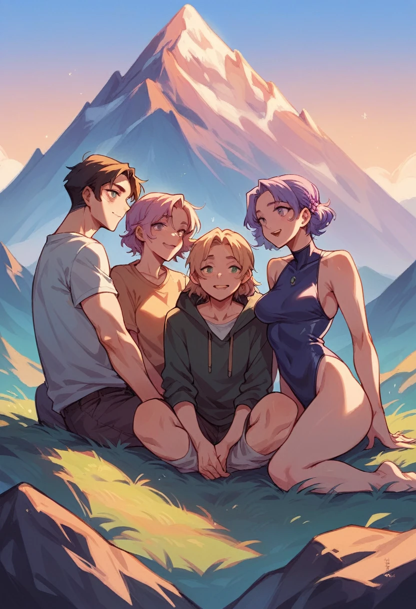 Group of friends on top of a mountain watching the purple sky together, the mountain being surrounded by lilac clouds