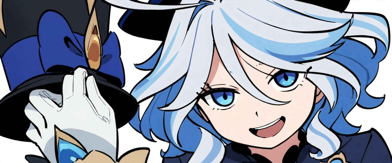 masterpiece,best quality,1girl, furina \(genshin impact\), genshin impact, cowlick, top hat, blue jacket, blue ascot, blue brooch, kodona, simple background, open mouth, blue headwear, streaked hair, upper teeth only, solo, long hair, light blue hair, white background, smile, white hair, ahoge, mismatched gloves, white gloves, long sleeves, hair between eyes, blue gemstone,