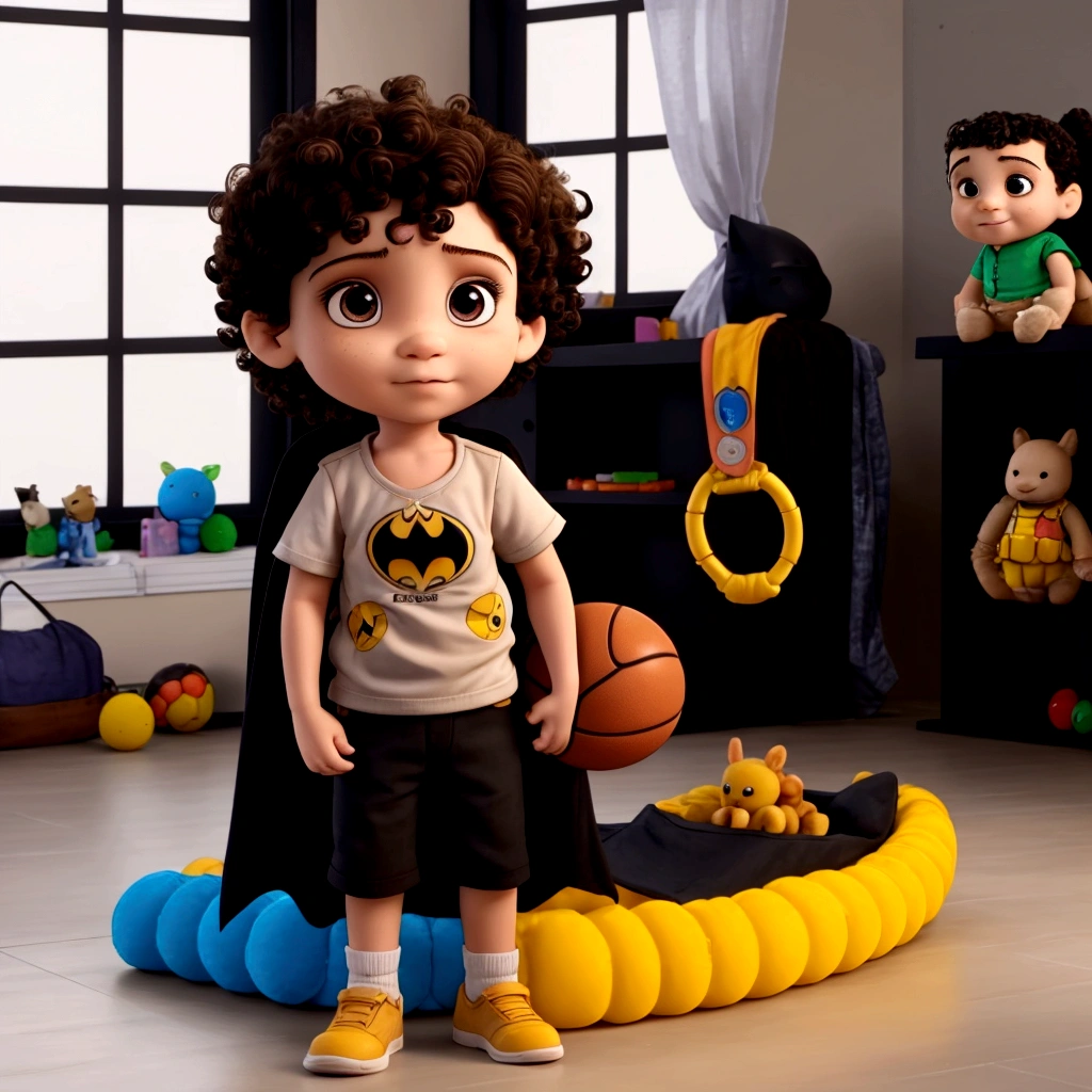 Treatment, Short curly hair, Light brown bun hair, cute pic, lots of toys in the background, solo boy with basketball, boy wearing shirt with batman logo