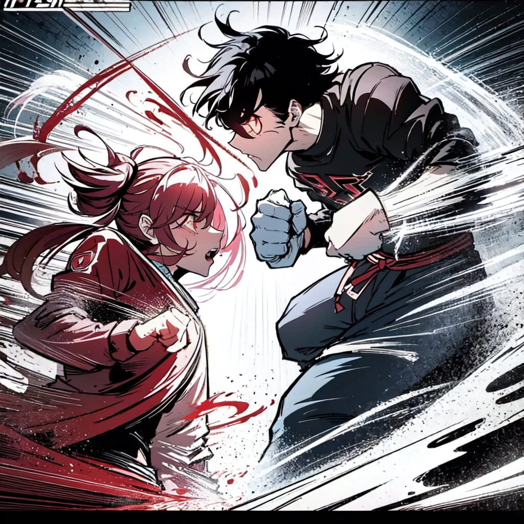 masterpiece,best quality,shadowboxing、Heavy fists, powerful explosive power, dynamic lines,uppercuts,Rough action lines,ferocious expression,Double Exposure,The clash of darkness and light,ninja,perfect girl,flames attached to the body, fight、glowing amber eyes,perfect detailed lighting,messy hair,punch,Cross Counter (The screen shattering effect appears where the fist strikes) fight scene