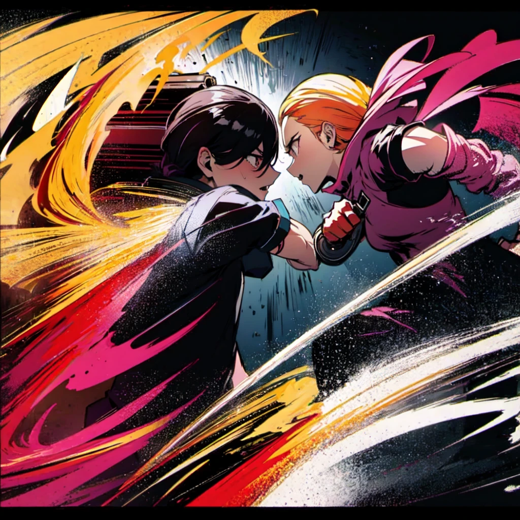 masterpiece,best quality,shadowboxing、Heavy fists, powerful explosive power, dynamic lines,uppercuts,Rough action lines,ferocious expression,Double Exposure,The clash of darkness and light,ninja,perfect girl,flames attached to the body, fight、glowing amber eyes,perfect detailed lighting,messy hair,punch,Cross Counter (The screen shattering effect appears where the fist strikes) fight scene