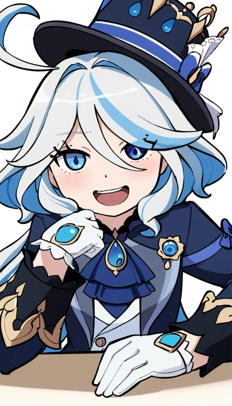 masterpiece,best quality,1girl, furina \(genshin impact\), genshin impact, cowlick, top hat, blue jacket, blue ascot, blue brooch, kodona, simple background, open mouth, blue headwear, streaked hair, upper teeth only, solo, long hair, light blue hair, white background, smile, white hair, ahoge, mismatched gloves, white gloves, long sleeves, hair between eyes, blue gemstone,