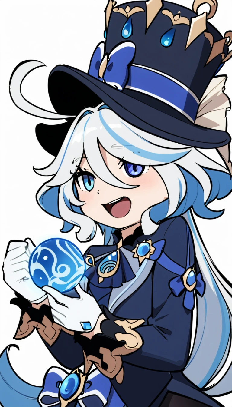 masterpiece,best quality,1girl, furina \(genshin impact\), genshin impact, cowlick, top hat, blue jacket, blue ascot, blue brooch, kodona, simple background, open mouth, blue headwear, streaked hair, upper teeth only, solo, long hair, light blue hair, white background, smile, white hair, ahoge, mismatched gloves, white gloves, long sleeves, hair between eyes, blue gemstone,