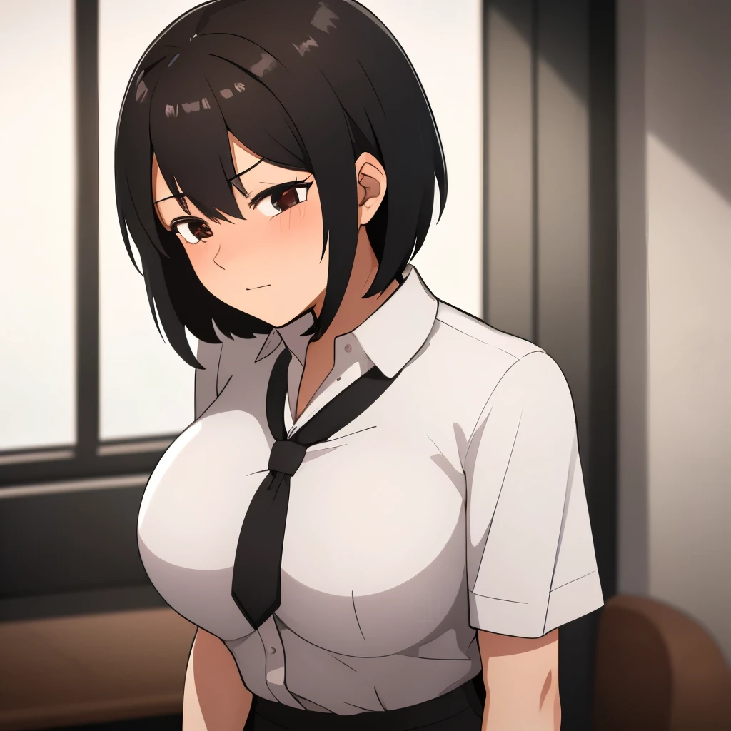  image of a  in a classroom, she has a very short skirt, her eyes are black and her hair is brown and very short, she is looking shyly while her black eyes are blushing(black eyes) (short brown hair) black eyes short brown hair she is in a classroom blushing big thighs big breasts black eyes 