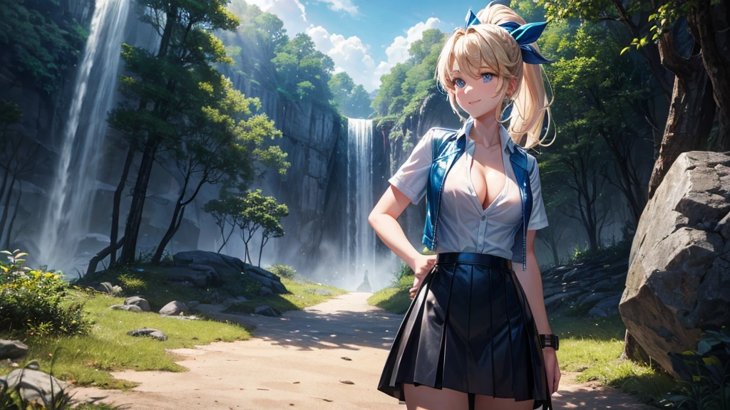 1girl, solo, full body, dense forest, cave, trees, sun, clouds, fantasy, ponytail, big full breasts, ((opened blue leather jacket)), button down shirt, ((white shirt)), ((short sleeved shirt)), ((unbuttoned shirt)), unbuttoning buttons, cleavage 1:3, blue eyes, skirt, smile, looking at the viewer, standing, hair ribbon, golden necklate