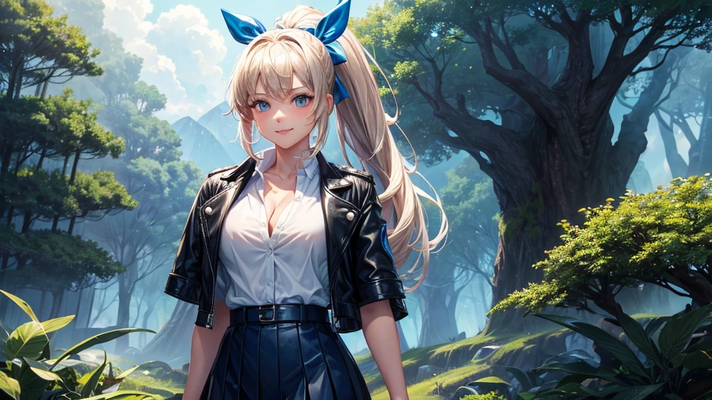 1girl, solo, full body, dense forest, cave, trees, sun, clouds, fantasy, ponytail, big full breasts, ((opened blue leather jacket)), button down shirt, ((white shirt)), ((short sleeved shirt)), ((unbuttoned shirt)), unbuttoning buttons, cleavage 1:3, blue eyes, skirt, smile, looking at the viewer, standing, hair ribbon, golden necklate