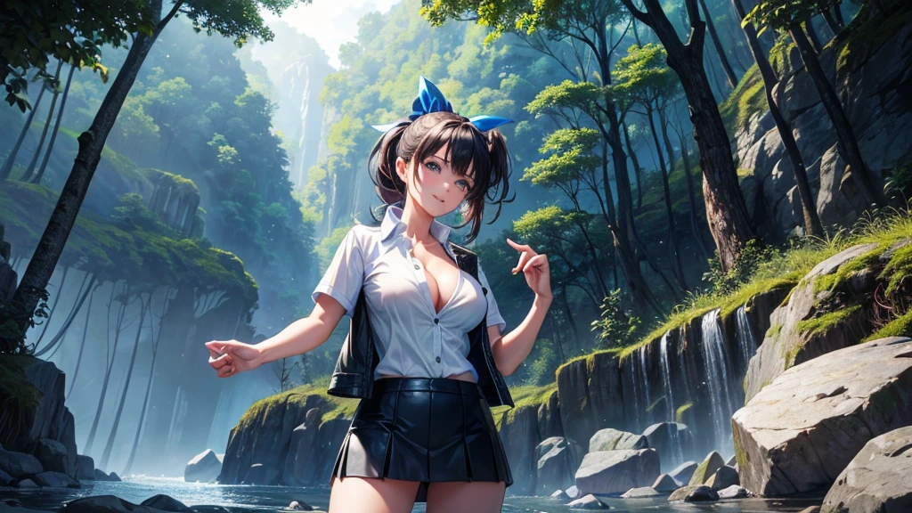 1girl, solo, full body, dense forest, cave, trees, sun, clouds, fantasy, ponytail, big full breasts, ((opened blue leather jacket)), button down shirt, ((white shirt)), ((short sleeved shirt)), ((unbuttoned shirt)), unbuttoning buttons, cleavage 1:3, blue eyes, skirt, smile, looking at the viewer, standing, hair ribbon, golden necklate