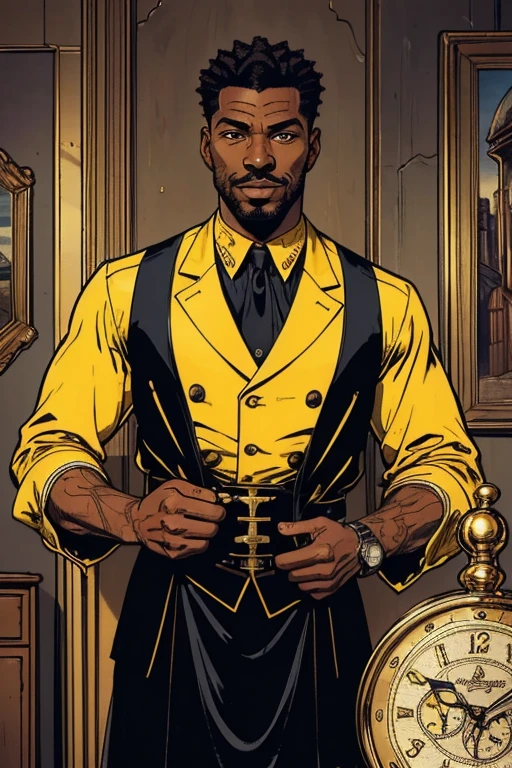 Absurd resolution, high resolution, (work of art: 1.4), hyperdetail, 1 black man looking at his wrist, checking his watch, using a watch, arm raised, natta, mature man, vintage casual outfits, shirt Yellow, happy expression