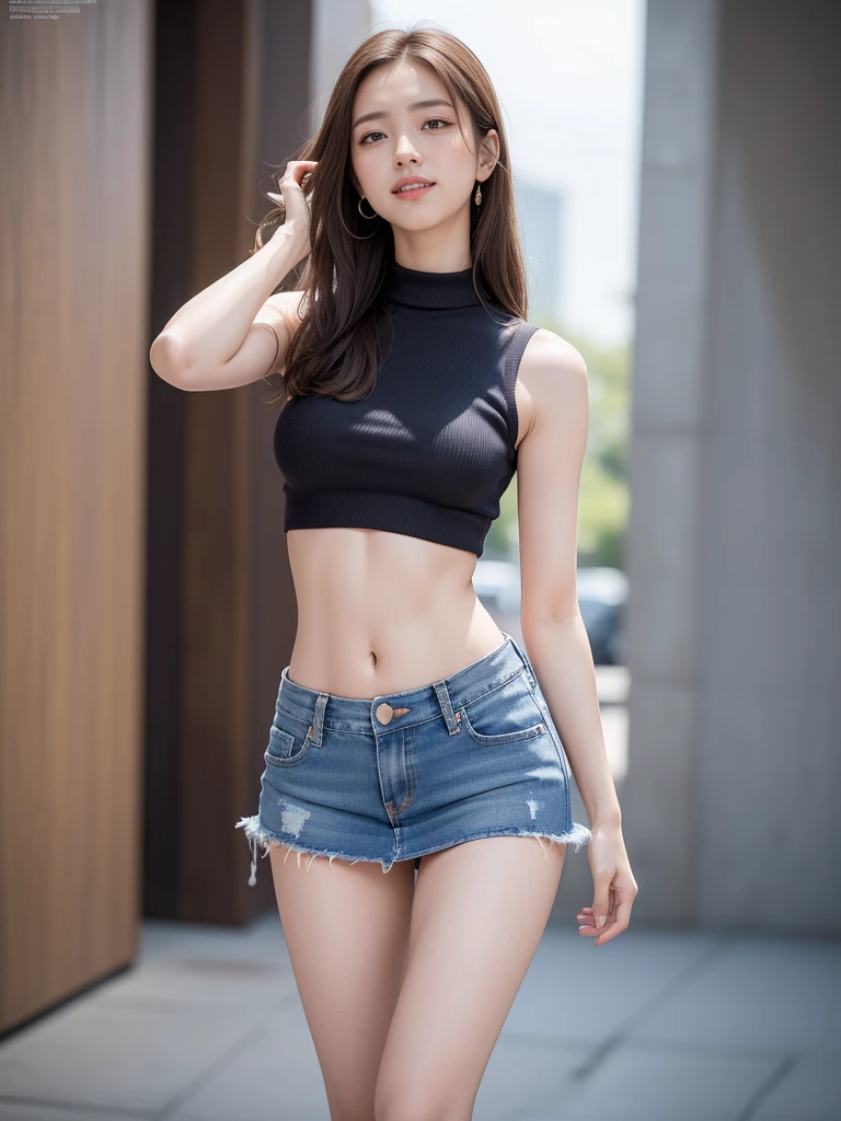 8K, masutepiece, Very sexual body 、Raw foto, Best Quality, More bold exposure 、Photorealistic, Wallpapers with extreme details CG Unity 8K, depth of fields, Cinematic Light, lensflare, Ray traching, (Extremely beautiful face, Beautiful lips, beautidful eyes), intricate detail face, ((Ultra Detail Skin)) 1girl in, (Korean model Kim Daun, Dhoni), (Korean model Kim Daun, Dhoni), (Korean model Kim Daun, Dhoni), (Korean model Kim Daun, Dhoni), (Korean model Kim Daun, Dhoni),1 girl, (very thin muscular body:1.3), ((look up at viewer)),(huge smile:1.3), (blured background), A glimmer of light), (No people in the background.:1.3), Beautiful earrings, Clear eyes, Front shot, (pale-skinned), (Big eyes), (Big eyes) (Big eyes), (Big eyes), (Big eyes), Facing forward, (Full body shot), (ligh brown hair), Open the navel............, (look up at viewer:1.3), Very slim, a slender waist, small hips, , a slender waist, small hips, a slender waist, small hips, a slender waist, small hips, ((wide open abdomen))、((open abdomen))、((wide open navel))、((open navel))、((Bare belly))、((Mid-Riff Sweater))、((Ultra-low rise、Denim Mini Skirt))、 ((Navel Ejection))、((small hips))、((Full body depiction))、((small  hip))、(boots)、((Ultra-low rise))、((Denim Mini Skirt))、((is standing))、)
