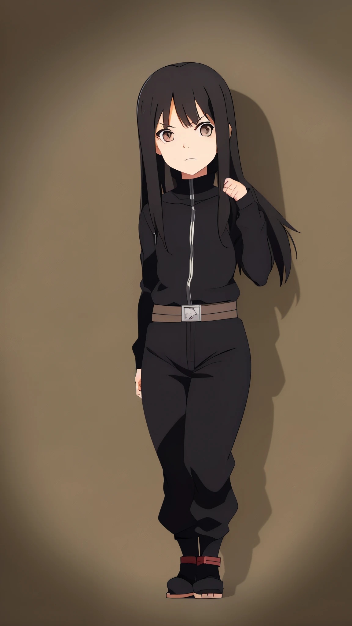 Little 5 year old  Girl, Long black hair, Light brown  eyes, black turtleneck, Black pants, Naruto-style ninja outfit, 