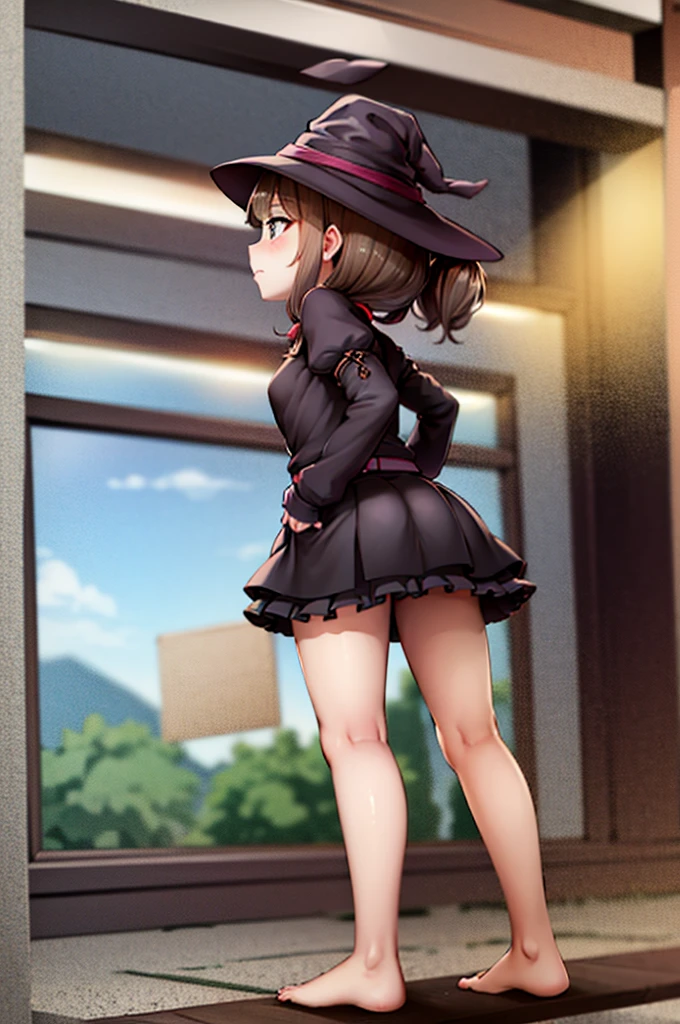 Witch hat Light brown hair Long hair (((Small breasts))) Purple eyebrows ((())) (Slanted Eyes) (((low length))) ,(Turn around)  (((solo))),  Embarrassed,  blush, uniform、I'm pulling up my skirt (((A girl farts)))Standing with legs together
、(Holding on)((Her butt is facing me))  (((Loli face)))((Yellow gas leaking from the anus))(((high quality)))