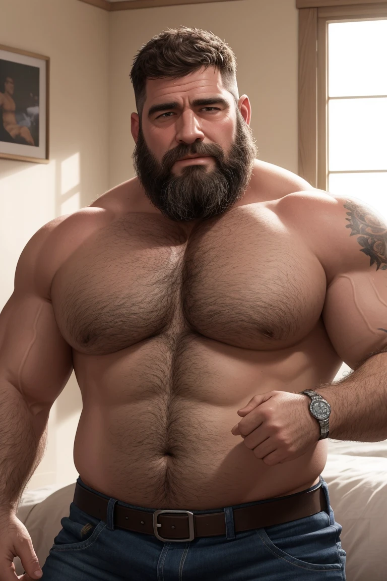 8KUHD Very Extremely Realistic Very Detailed High Quality Create a professional studio-style photograph featuring two middle-aged daddy muscle bears , burly, very hairy, very beared big daddy bear, and very realistic detailed rugged burly man and his husband in shorts. beards, very realistic hair, very realistic beards, very realistic thick chubby neck, very realistic neck lines, very realistic detailed neck, very realistic belly, very realistic burly chest, very realistic burly strong chest and arms, very realistic detailed hairy burly chest and arms, very realistic pecs, very realistic burly body, very realistic nipples, very realistic burly body, very realistic face, very realistic detailed face, very realistic eyes, very realistic detailed eyes, very realistic pupils, very realistic detailed pupils, very realistic nose, very realistic ears, very realistic facial features, very realistic burly arms, very realistic elbows, very realistic hands, very realistic wrists, very realistic fingers, very realistic fingernails, very realistic shoulders, very realistic mouth, very realistic lips, very realistic detailed skin, very realistic skin, very realistic mens clothing, very realistic detailed mens clothing. A very realistic man and his husband are kissing and loving each other in the bedroom, very realistically detailed kissing and loving each other in the bedroom, in a very realistic romantic and virile bedroom scene. Very Realistic Intricately Detailed, Utilize all appropriate realistic lighting techniques for studio photography" very realistic detailed bedroom surroundings, very realistic surroundings lighting, No Deformities, Very Ultra Realistic and Detailed Photograph, Clear HDR Quality