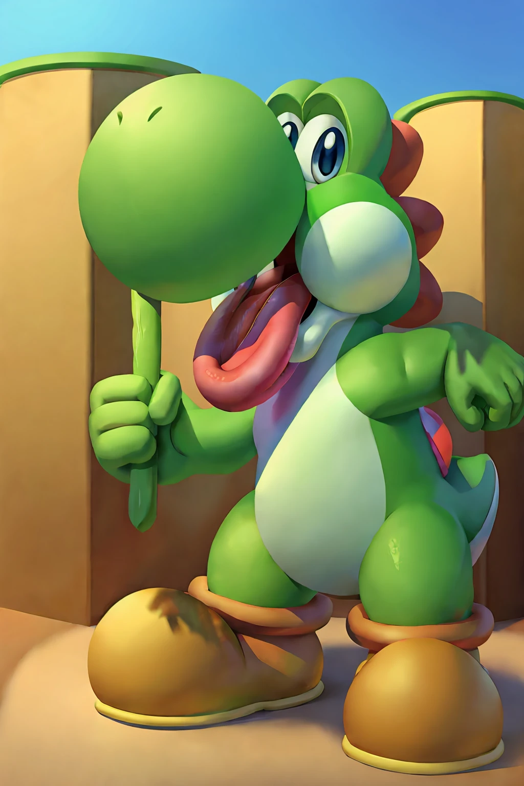 A green dinosaur, a character from Mario Bros, is happy sticking out his long tongue
