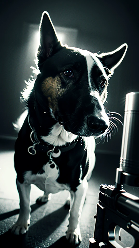 a black and white photo of a dog holding a gun, a photorealistic painting by Jerry Weiss, behance, transgressive art, behance hd, movie poster, movie still, 32k, UHD, cinematic chromatic, cinematic lighting, global illumination, chromatic light, photorealistic, ultra detailed, iluminación onírica, dramatic, low-key lighting on a mysterious, photorealistic , ultra photoreal , ultra detailed, intricate details. 