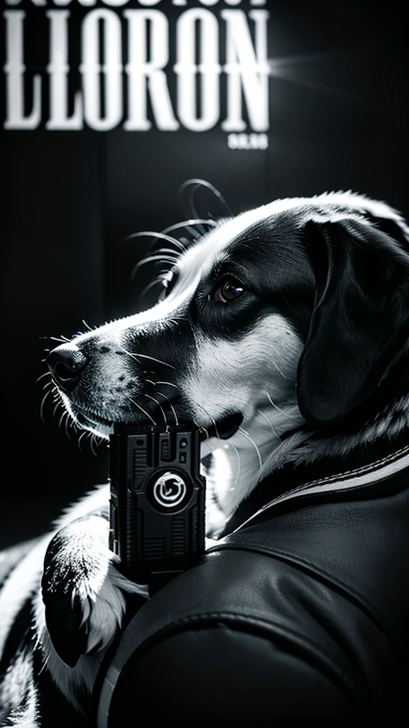 a black and white photo of a dog holding a gun, a photorealistic painting by Jerry Weiss, behance, transgressive art, behance hd, movie poster, movie still, 32k, UHD, cinematic chromatic, cinematic lighting, global illumination, chromatic light, photorealistic, ultra detailed, iluminación onírica, dramatic, low-key lighting on a mysterious, photorealistic , ultra photoreal , ultra detailed, intricate details.
