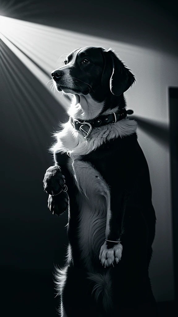 a black and white photo of a dog holding a gun, a photorealistic painting by Jerry Weiss, behance, transgressive art, behance hd, movie poster, movie still, 32k, UHD, cinematic chromatic, cinematic lighting, global illumination, chromatic light, photorealistic, ultra detailed, iluminación onírica, dramatic, low-key lighting on a mysterious, photorealistic , ultra photoreal , ultra detailed, intricate details. 