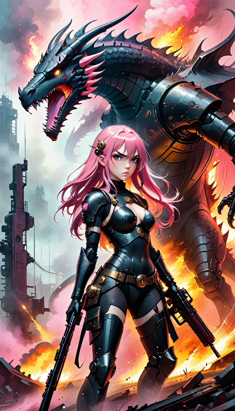 Sexy warrior girl with black steampunk armor, long pink hair, with a big futuristic shotgun, in a battle next to a robotic dragon, fierce battle, dense fog, fire, (simple oil painting in a style to Bill Sienkiewicz)
