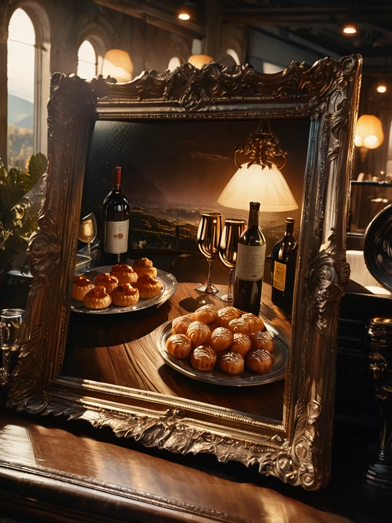 a masterpiece vintage still life, antique wine bottles and traditional Bordeaux cannelés pastries, vineyards in background, detailed glassware, ornate golden frame, dramatic chiaroscuro lighting, rich moody colors, cinematic composition, photorealistic, 8k, (best quality,4k,8k,highres,masterpiece:1.2), ultra-detailed, (realistic, photorealistic, photo-realistic:1.37), HDR, UHD, studio lighting, ultra-fine painting, sharp focus, physically-based rendering, extreme detail description, professional, vivid colors, bokeh, bright lighting