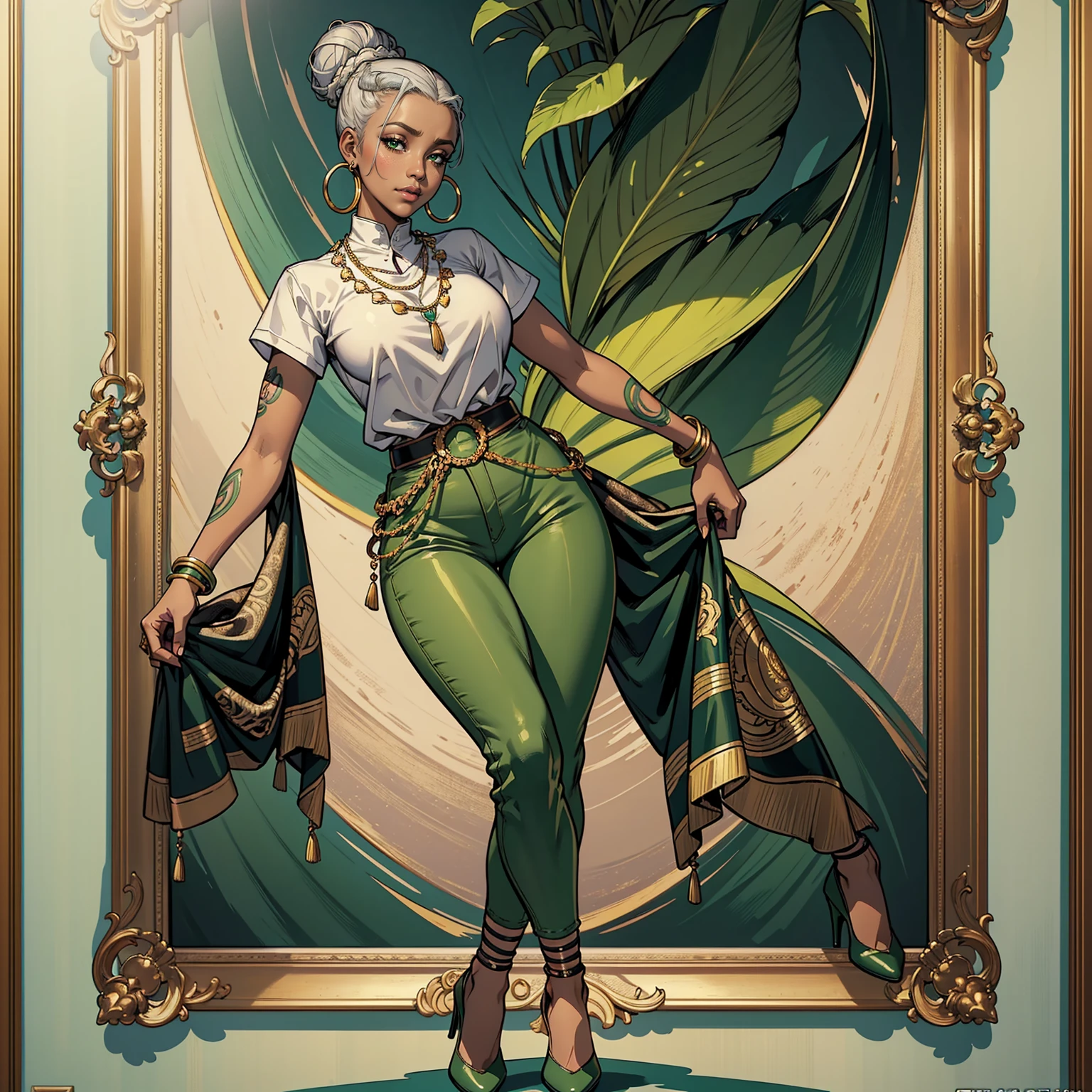 Masterpiece, Professional, High Definition - quality, sharp focus, perfect artwork, Best Illustration, trending on artstation, UHD, 4k, full body, NSFW                                                                         
Fair skinned African American women with a high bun and medium build wearing silver hoop earrings cropped shirt skinny green pants and heels with tattooed arm stepping out of a framed painting of herself 
