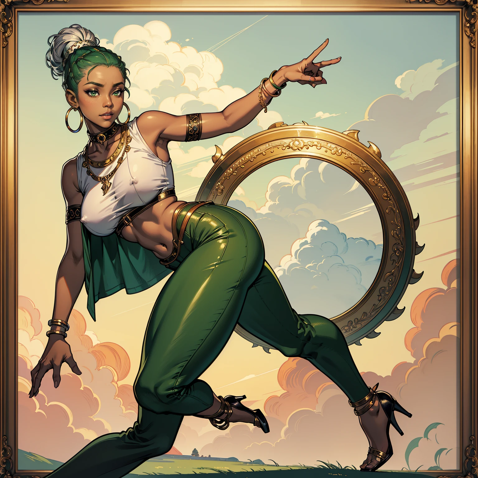 Masterpiece, Professional, High Definition - quality, sharp focus, perfect artwork, Best Illustration, trending on artstation, UHD, 4k, full body, NSFW
Fair skinned African American women with a high bun and medium build wearing silver hoop earrings cropped shirt skinny green pants and heels with tattooed arm stepping out of a framed painting of herself