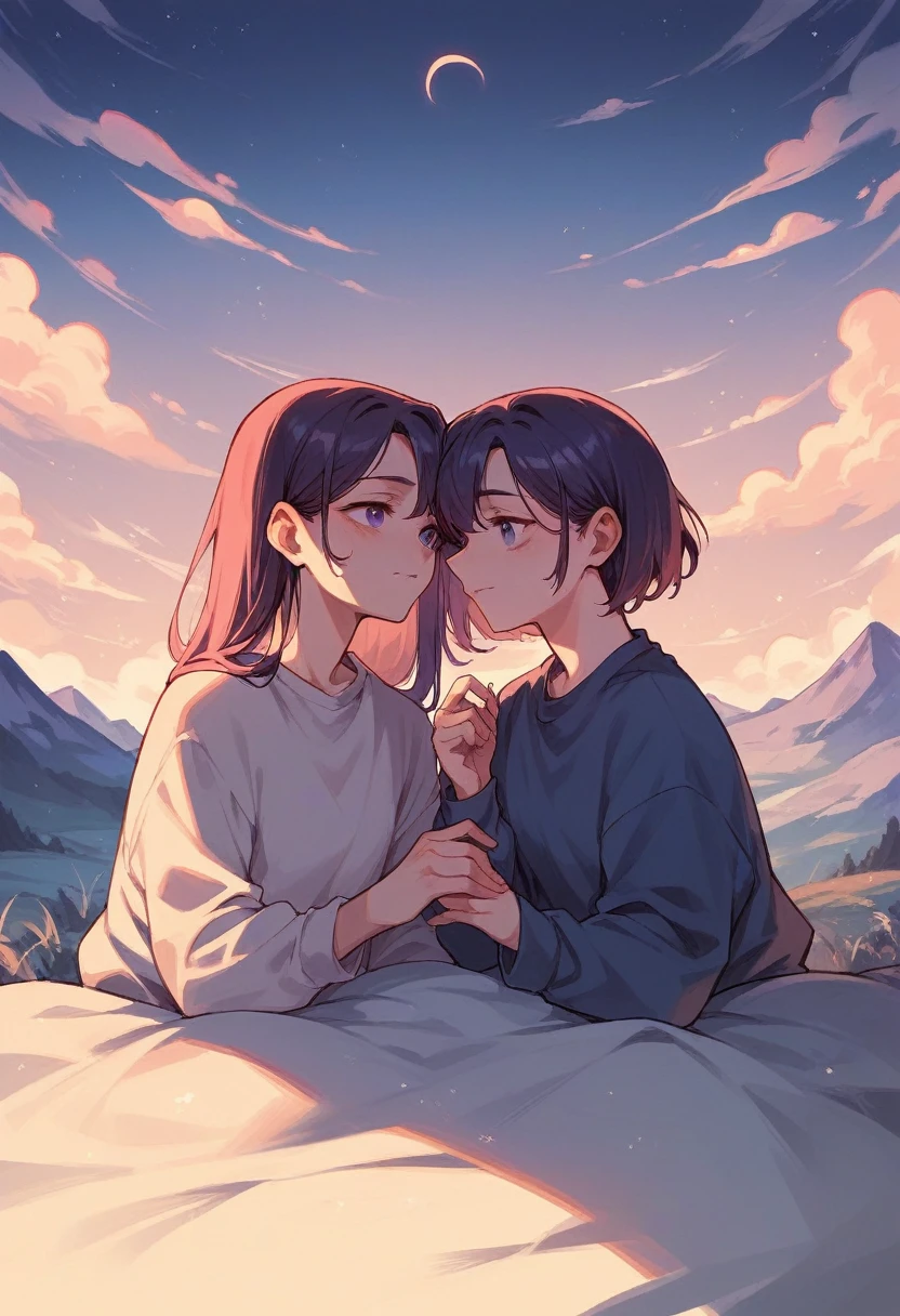 Friends on a mountain watching the purple sky together at night