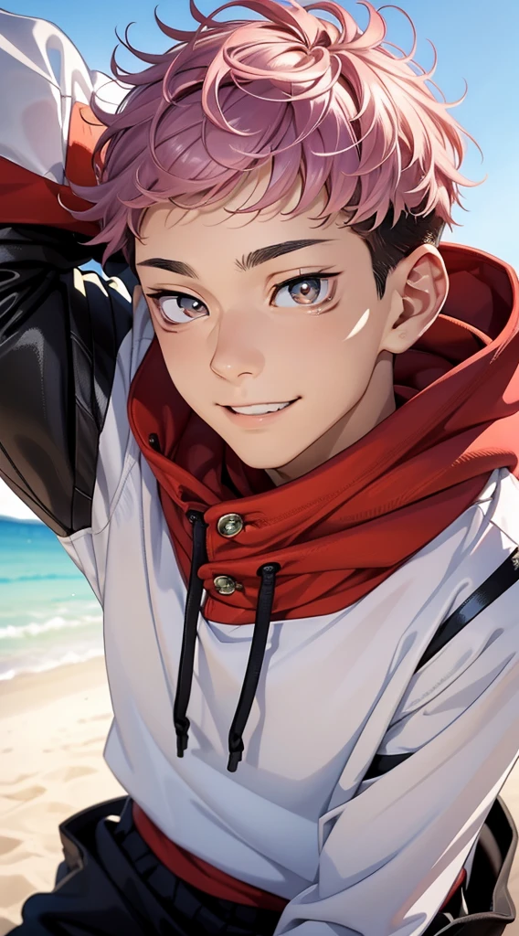 (masterpiece, best quality:1.2), (hyperdetailed face), (Super well-formed face), close up, face focus, solo, male focus, 1boy, itadori yuuji, 15-years-old, slim body, pink hair, undercut, brown eyes, beautiful pupils, beautiful detailed eyes, smiling, white teeth, red hoodie, long sleeves, black pants, looking at viewer, beautiful blue sky, summer sky