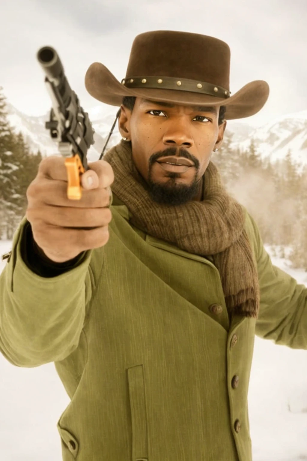 Jamie foxx (identical face maintaining facial features), (high resolution), (many details), (more beard) in a green coat holding a gun in the snow, Django, an epic western, western movie, [ western film], Jesse McCree, SF, Morgan Freeman as Gordon Freeman, Western, Oldwest, Spaghetti Western, Old West, , Cowboy, Space Western, Fox, 🕹️ 🔫 🤖 😎 🚬 2 0 1 2 with a chivas (soccer team) t-shirt