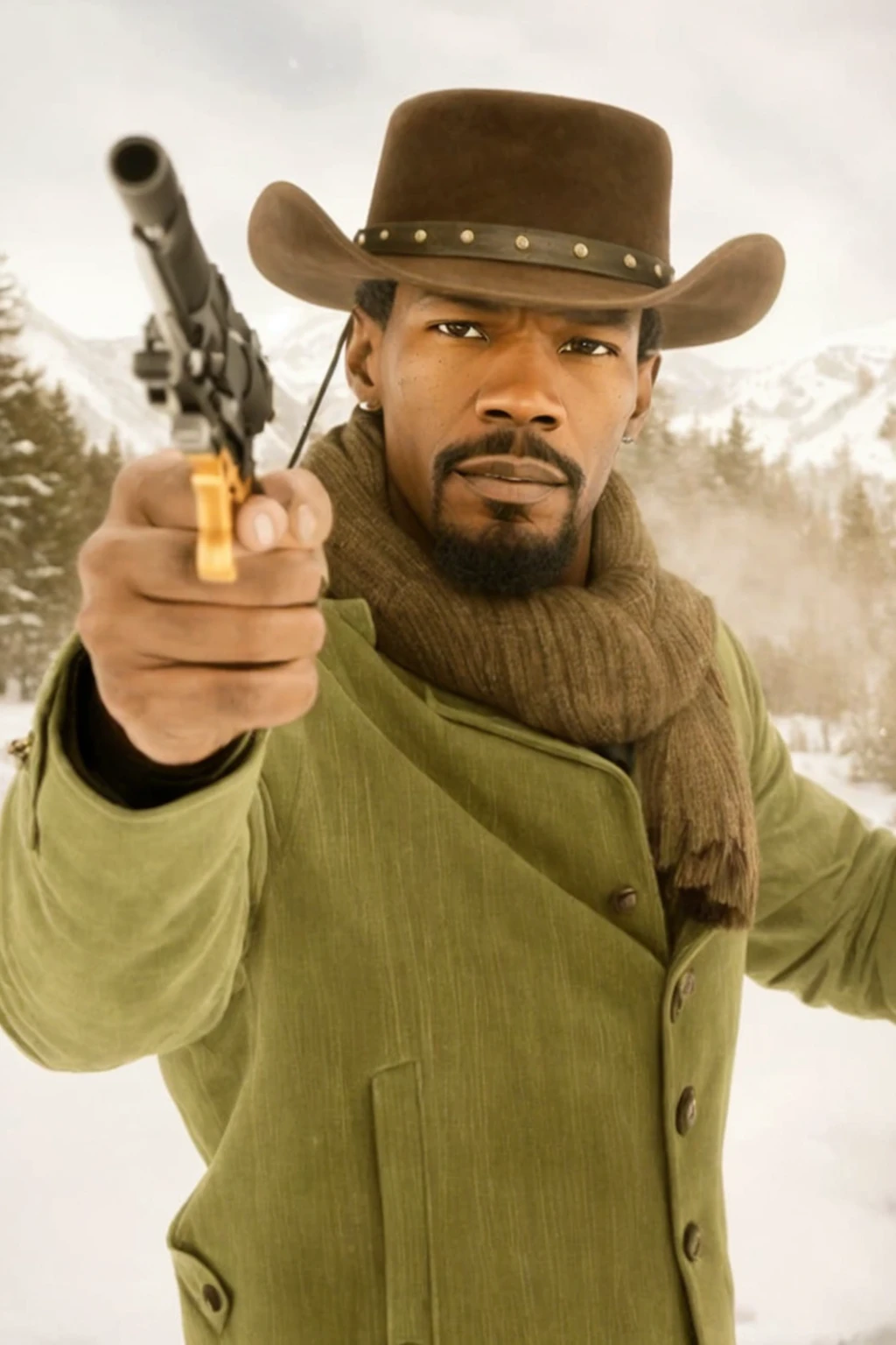 Jamie foxx (identical face maintaining facial features), (high resolution), (many details), (more beard) in a green coat holding a gun in the snow, Django, an epic western, western movie, [ western film], Jesse McCree, SF, Morgan Freeman as Gordon Freeman, Western, Oldwest, Spaghetti Western, Old West, , Cowboy, Space Western, Fox, 🕹️ 🔫 🤖 😎 🚬 2 0 1 2 with a chivas (soccer team) t-shirt