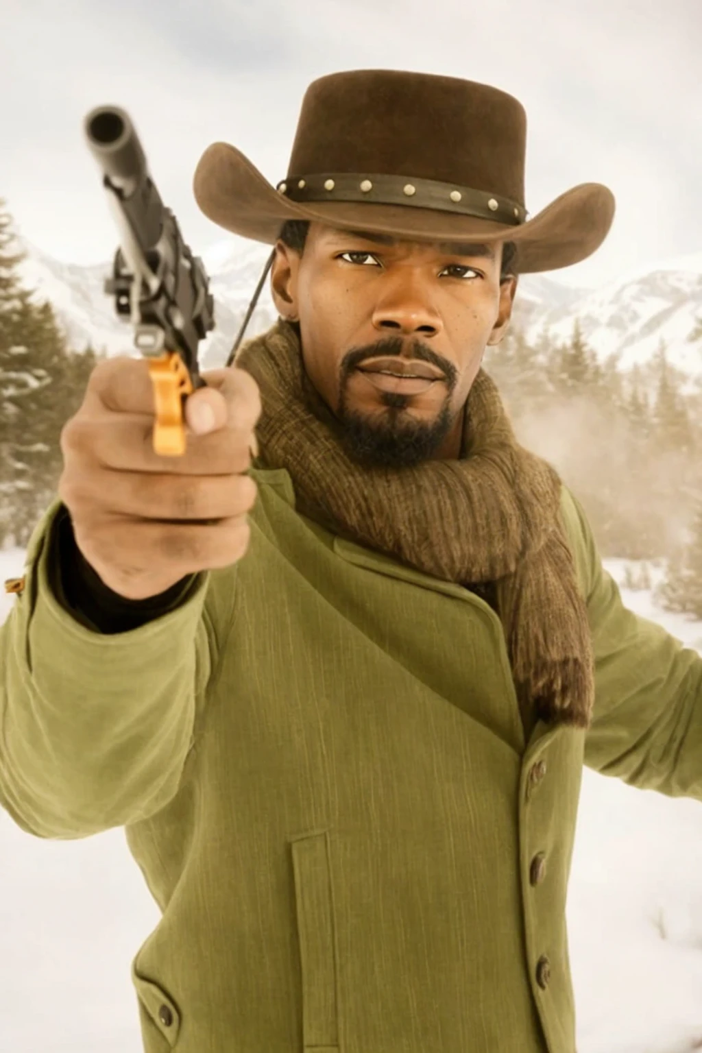 Jamie foxx (identical face maintaining facial features), (high resolution), (many details), (more beard) in a green coat holding a gun in the snow, Django, an epic western, western movie, [ western film], Jesse McCree, SF, Morgan Freeman as Gordon Freeman, Western, Oldwest, Spaghetti Western, Old West, , Cowboy, Space Western, Fox, 🕹️ 🔫 🤖 😎 🚬 2 0 1 2 with a chivas (soccer team) t-shirt