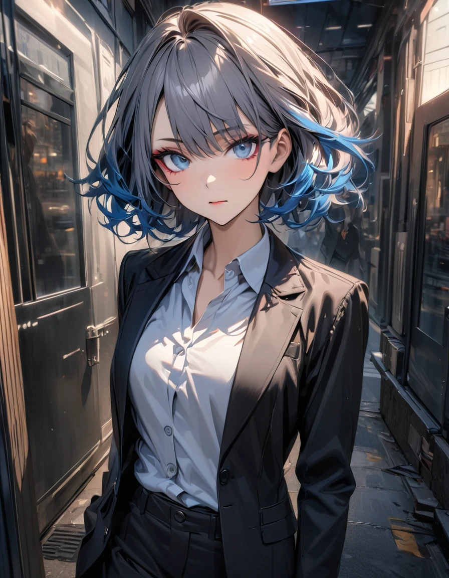 A high resolution, ultra detailed, HDR, masterpiece, very detailed face and eyes, confident expression, young woman, business style, trousers, hair with dark roots transitioning to blue tips, 18 years, Squint, adult face, creative hairstyle, beautiful makeup with arrows