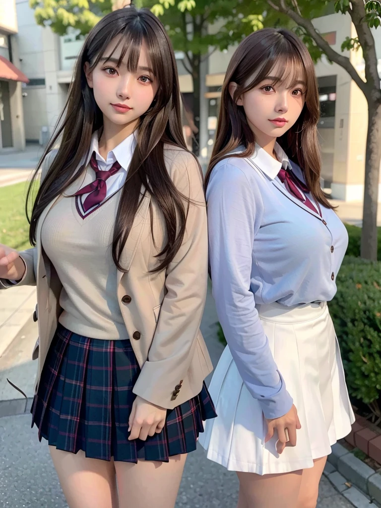 8k,best quality, masterpiece, ultra detailed, ultra high res, photorealistic, raw photo, absurdres, absolutely resolution, 1girl, full body, looking at viewer,a Japanese young pretty woman, hyper cute face, glamorous figure, large breasts,long bob hair,smile,(school uniform:1.3),beautiful eyes, ,windy, ,glossy lips, double eyelids in both eyes, natural makeup, long eyelashes, shiny smooth light brown long bob hair, asymmetrical bangs, shiny skin, central image, high resolution, high detailing, detailed hairstyle, detailed face, spectacular movie lighting, octane rendering, vibrant, hyper realistic, perfect limbs, perfect anatomy、アフタースクール