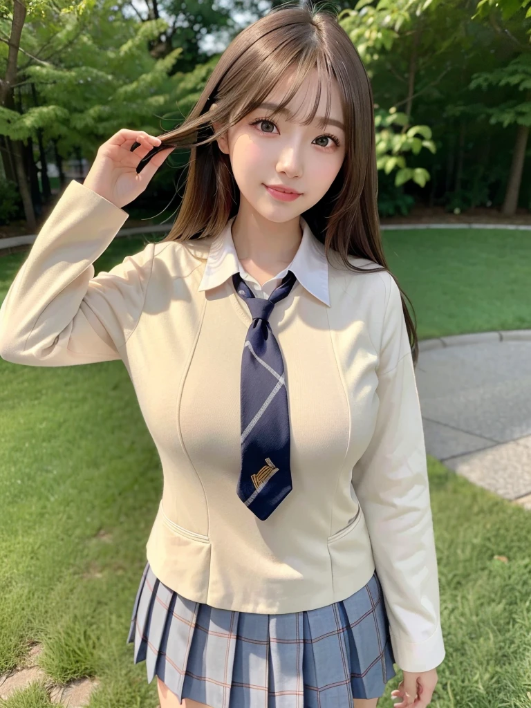 ( very detailed depiction, clear depiction, masterpiece, high resolution, high degree of perfection, perfect anatomy), 1 girl, cute face, detailed face, slender body, beautiful legs, semi-long hair,( brown eyes, sparkling eyes), beautiful nose, ( high school girl uniform, No panties),( spread regs:1.3), outdoors, ( nsfw,pussy up focus),